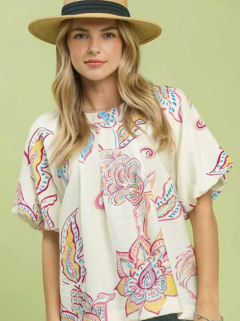 Paisley Print Puff Sleeve Top