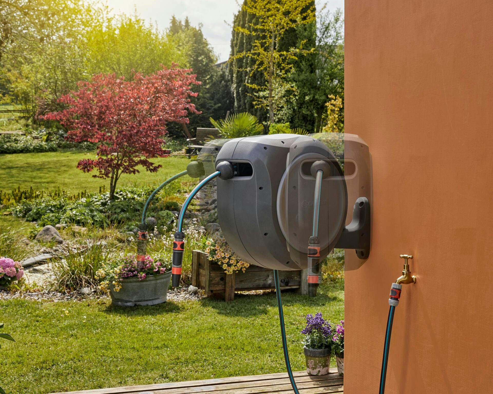 Gardena Wall Mounted Auto Hose Reel with Nozzle, 100-ft