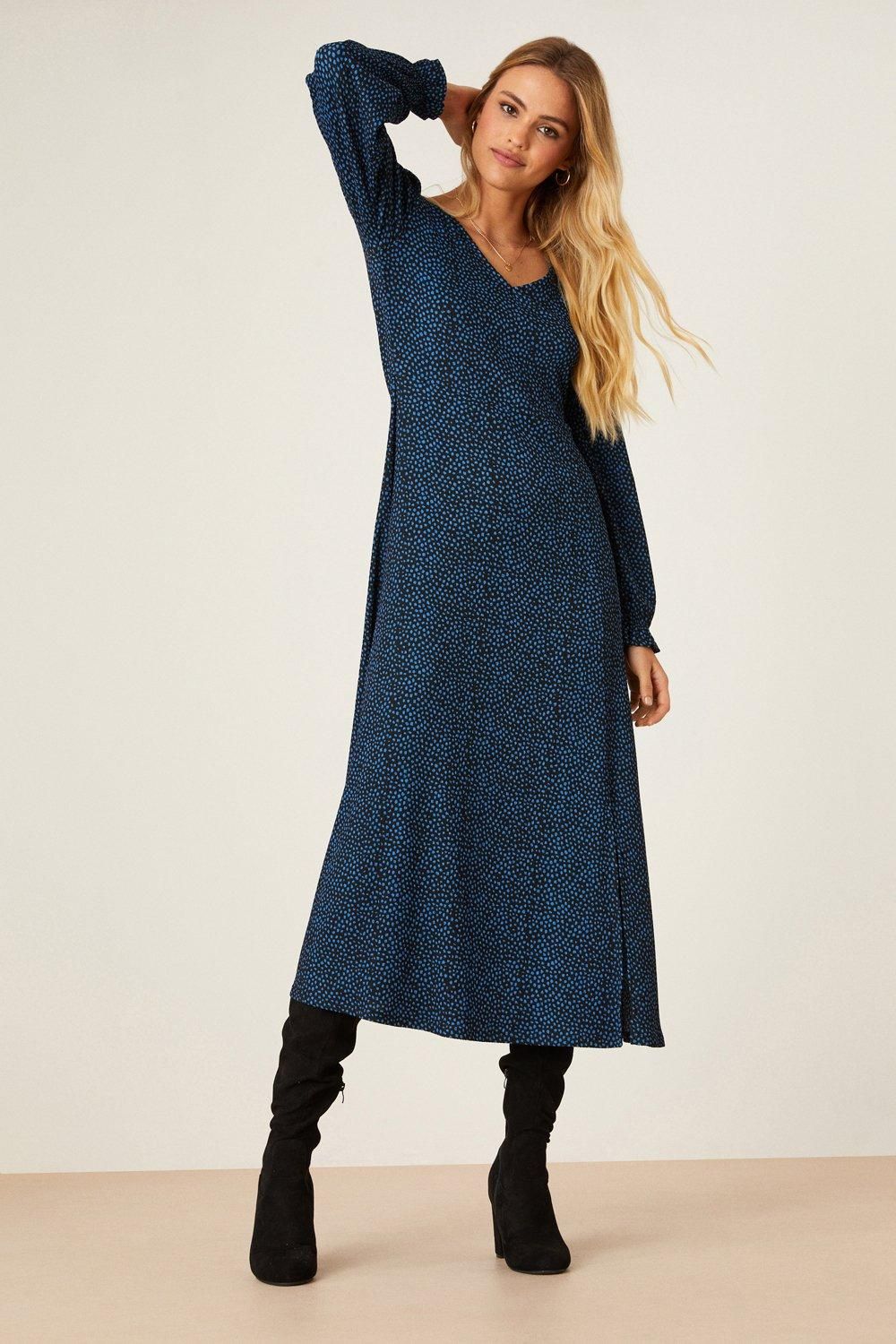 Dorothy Perkins Blue Spot V Neck Midi Dress