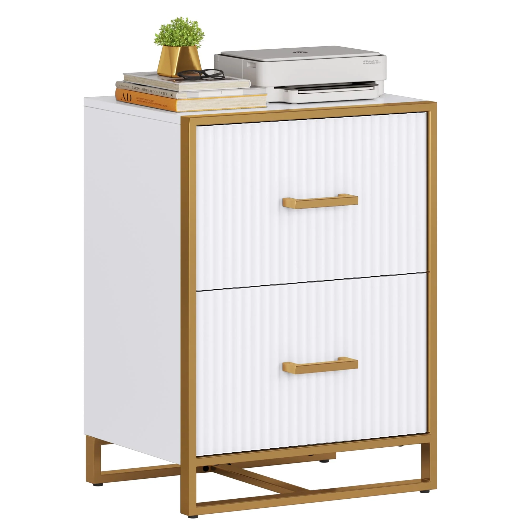 Moasis 2 Drawer File Cabinet with Gold Frame Filing Cabinet for Letter Size Printer Stand