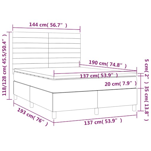 NNEVL Box Spring Bed with Mattress&LED Dark Grey 137x190 cm Double Fabric