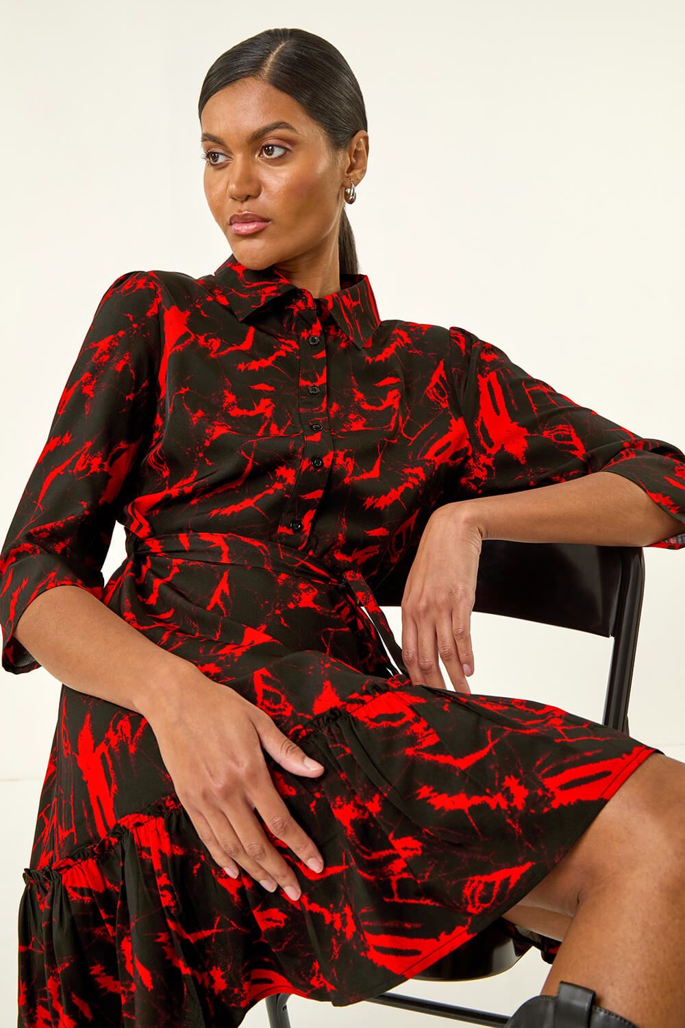 Roman Abstract Print Tie Waist Shirt Dress