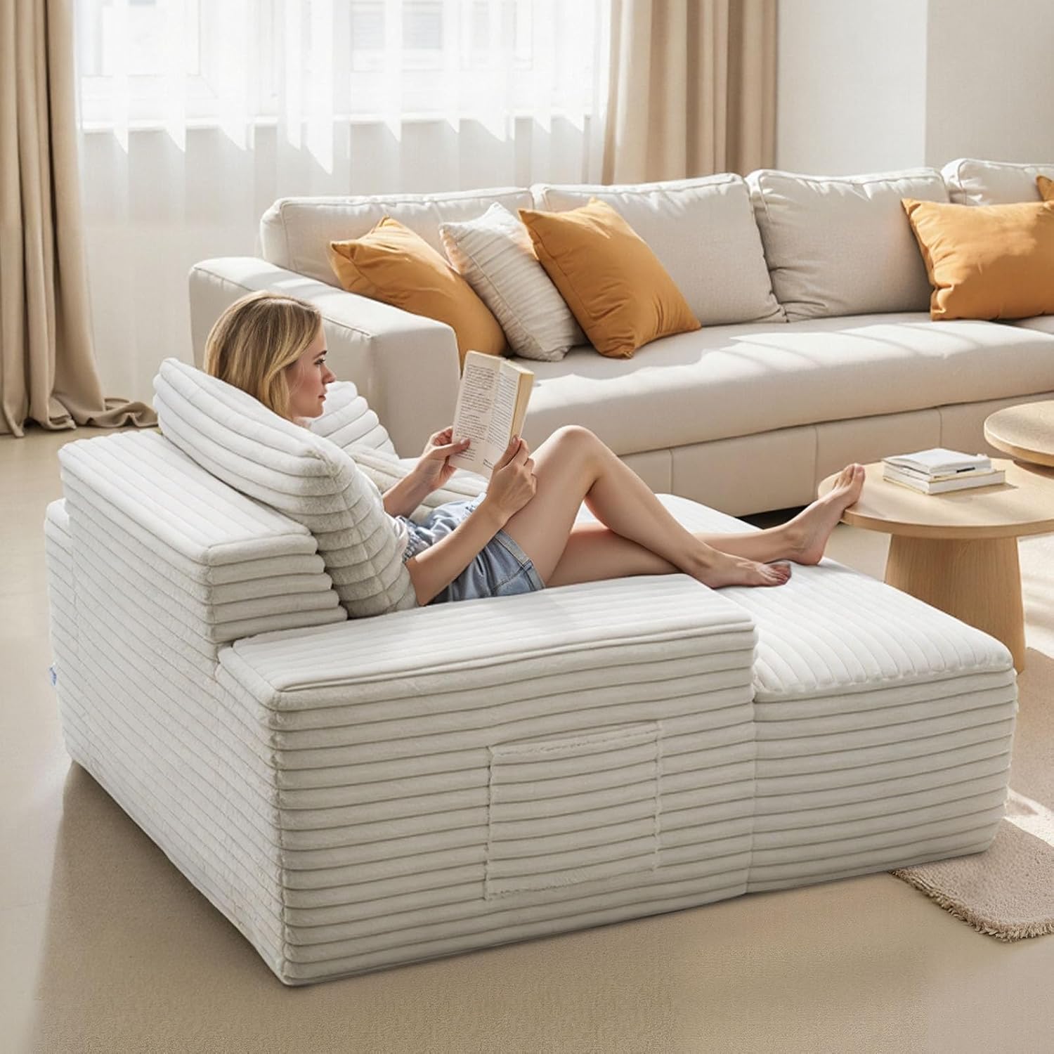 VEVOR Oversized Chaise Lounge Chair, 54 Boneless Chaise Lounge Indoor, Modern Upholstered Reading Chair with Throw Pillows & Armrests, Sofa Couch Deep Seat Sleeper for Living Room, Bedroom, Beige