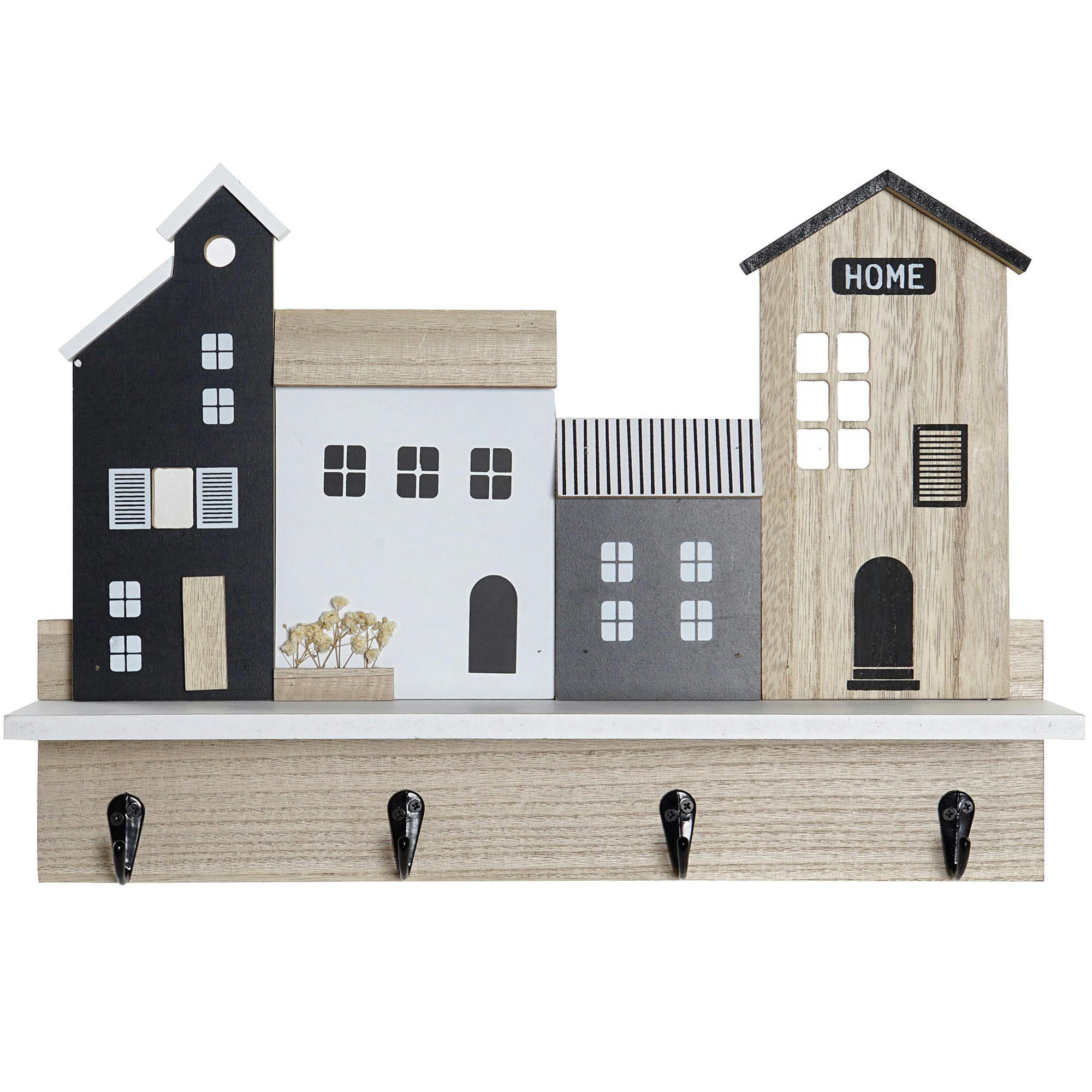 - Portemanteau mural bois maisons avec 1 étagère