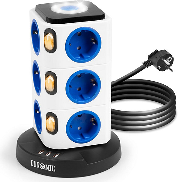 ET12L Tour multiprise 12 prises 3680W 13A 3x USB-A Veilleuse tactile Câble 1,8m Parasurtenseur protection surtension Duronic
