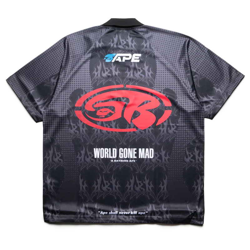 A Bathing Ape Flame Pattern Half Zip Polo Shirt - Black