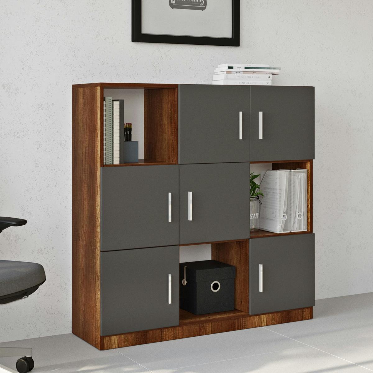 Bibliothèque design damier 6 rangements gris rétro chic MARFA
