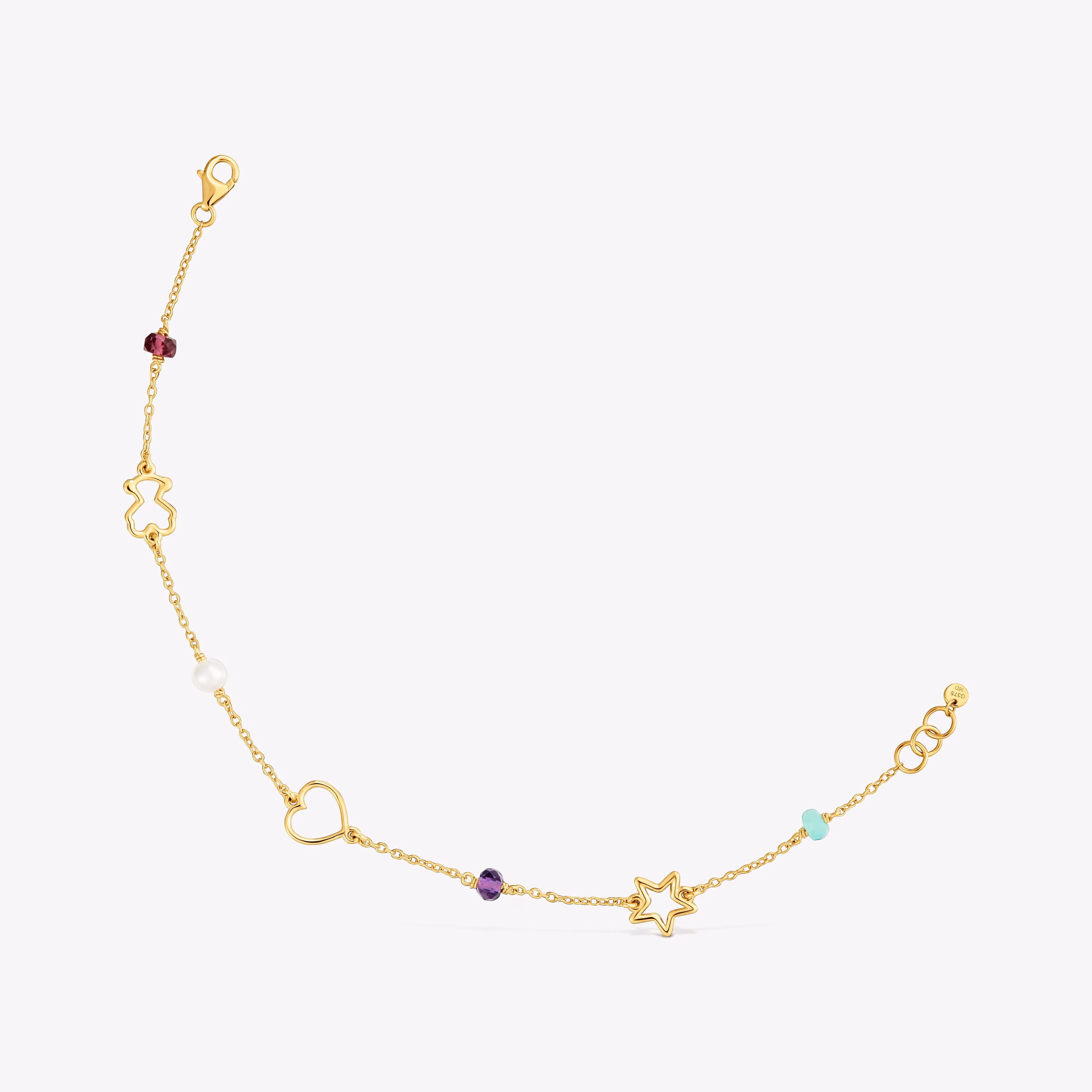 Pulsera cadena de oro 9 kt con motivos y gemas Silueta