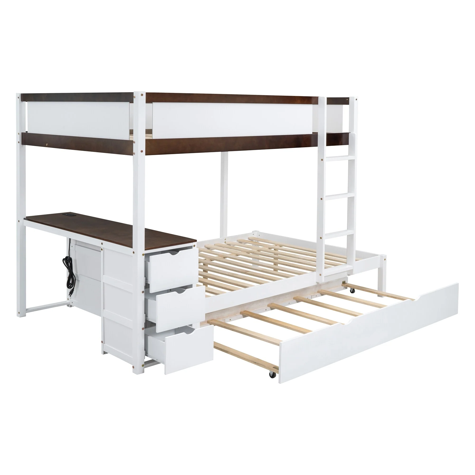 Full-Over-Full Bunk Bed with Twin size Trundle, Storage and Desk, Gray