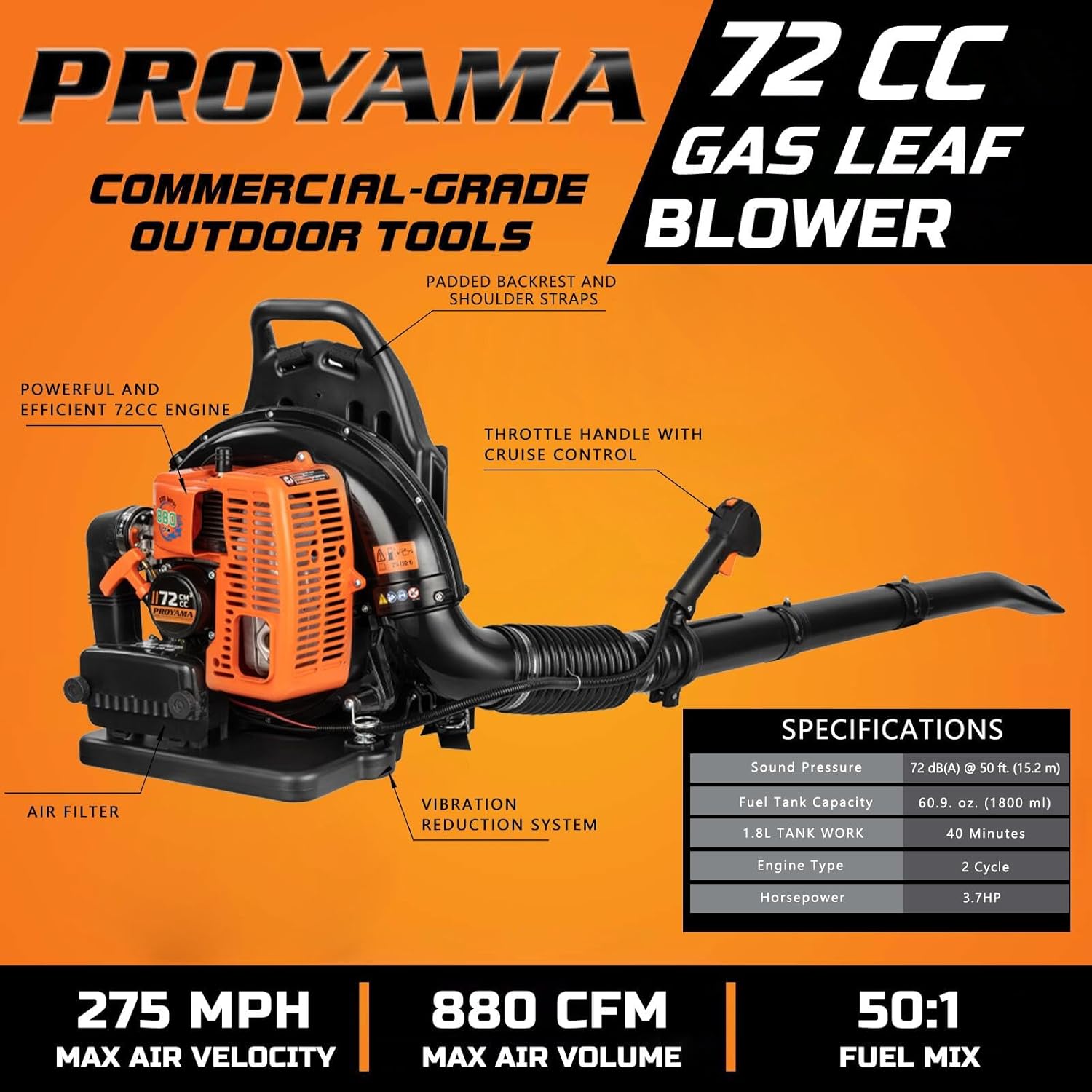 PROYAMA 72CC Gas Backpack Leaf Blower  2-Cycle 880CFM 275MPH Gas Powered Engine  2 in 1 Nozzle Low Vibration and Ergonomic Design with Cruise Control for Outdoor GardenYard Cleaning and Snow Removal