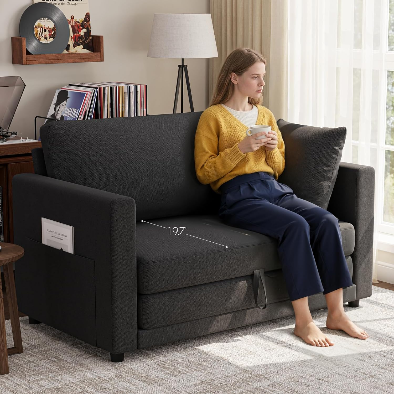 Convertible Sofa Bed, 2 in 1 Pull Out Loveseat Sleeper Sofa | 78.7” Folding Floor Sofa Bed for Guest Room, Bedroom | Black