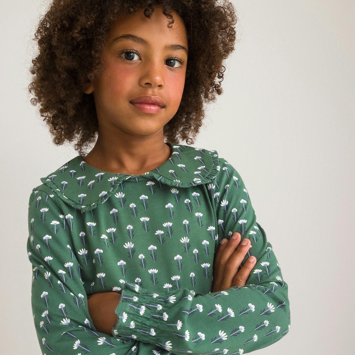 T-shirt col claudine manches longues, motif fleuri