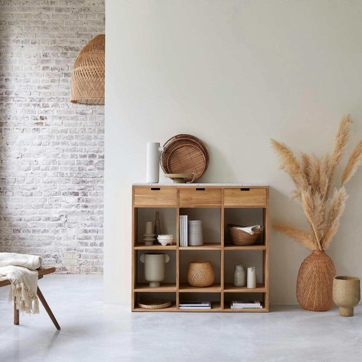 MIHO - Console en teck et terrazzo premium blanc