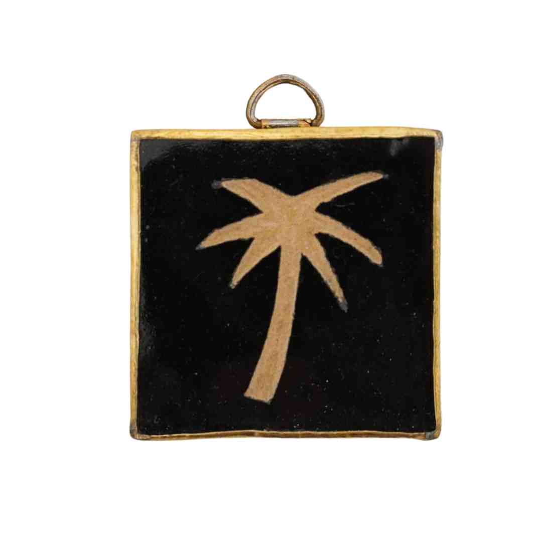 MÔMÉ Zellige tegeltje palm - zwart - keramiek/messing - wanddecoratie - 5 x 5 x 2 cm