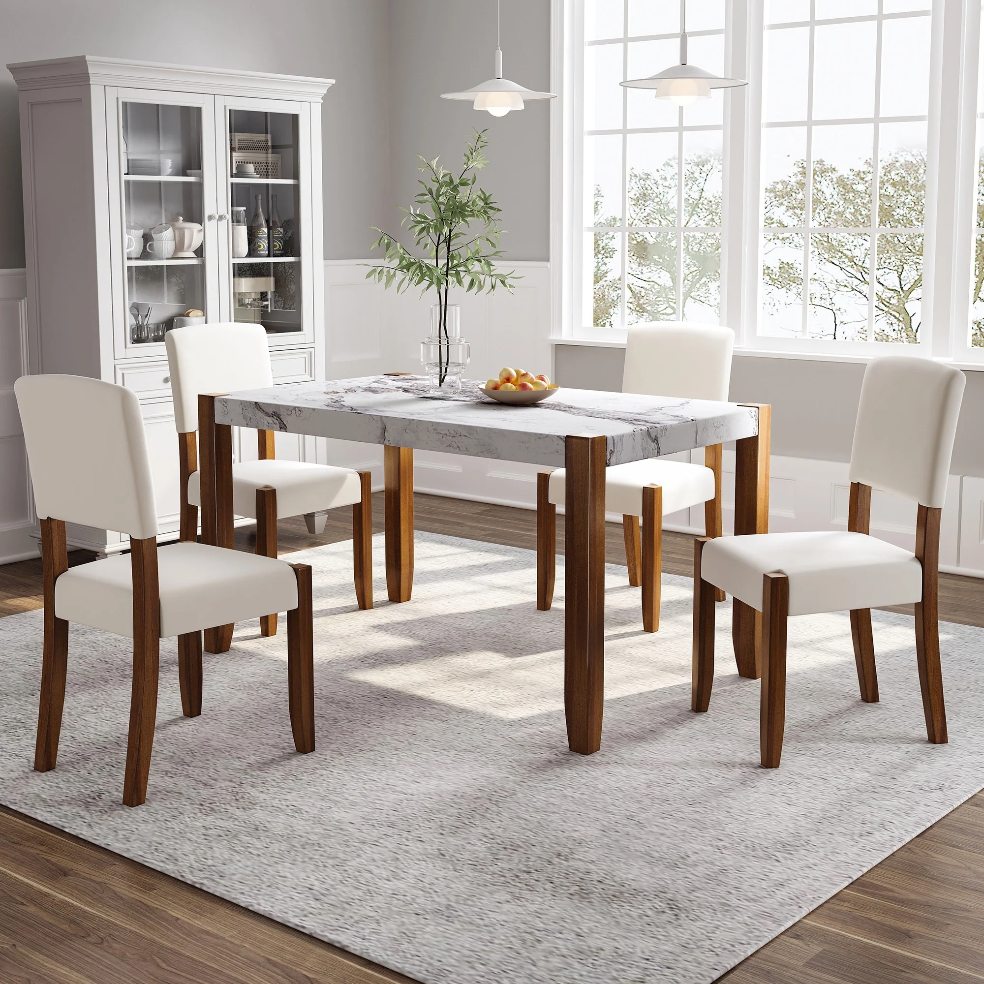 5-Piece Dining Furniture Set,4-Person Space-Saving Dinette,46 Faux Marble Table and 4 Upholstered Chairs with Rubberwood Legs