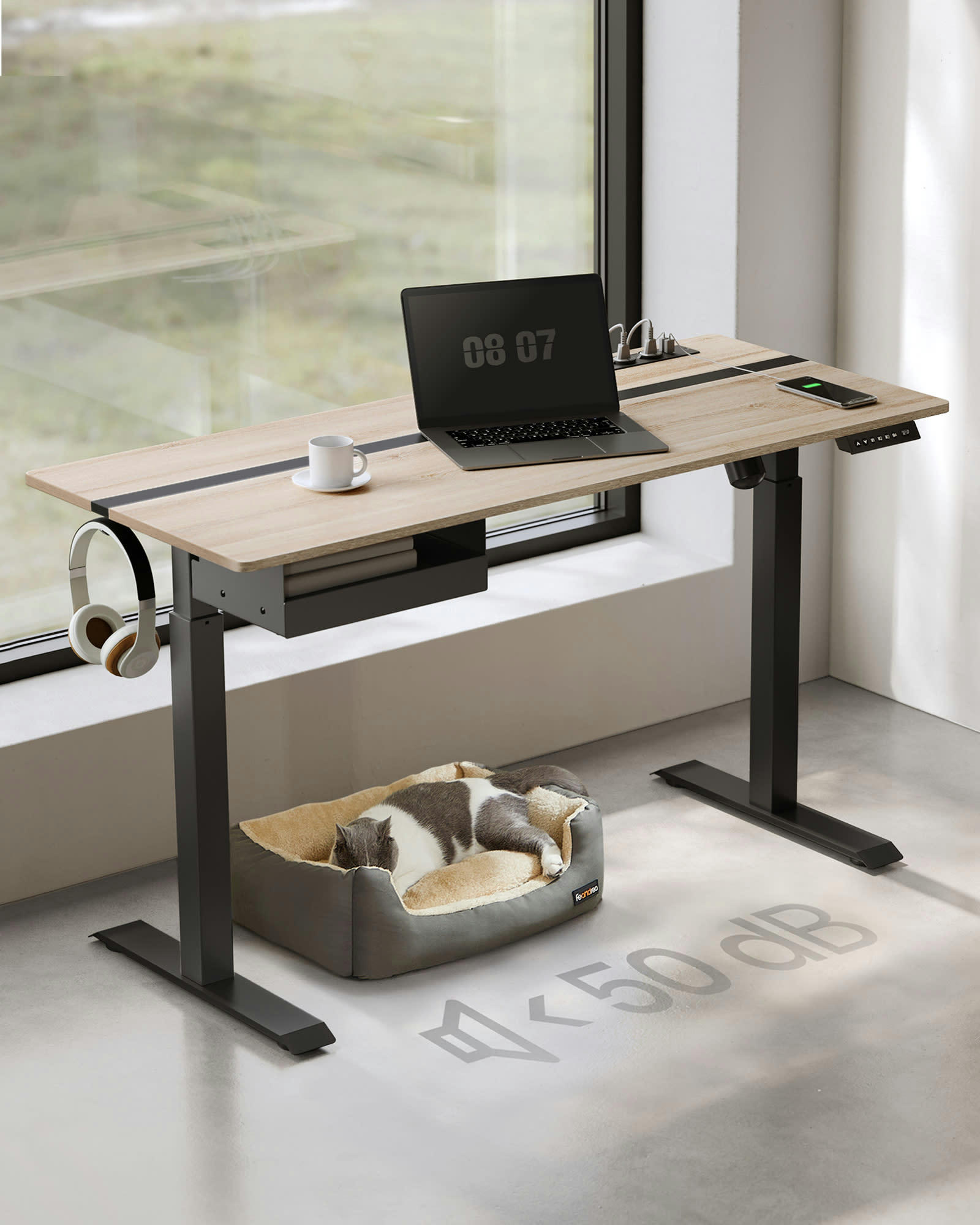 - Bureau assis-debout électrique effet bois noir