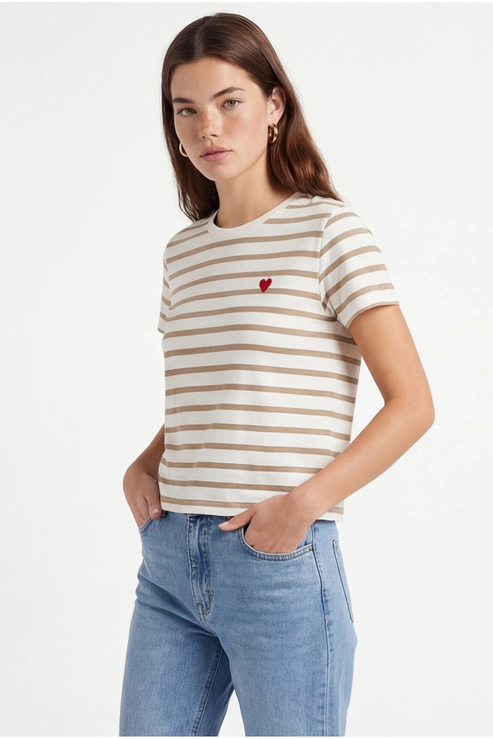 TEE SHIRT MARINIÈRE - COEUR - ECRU/CANNELLE