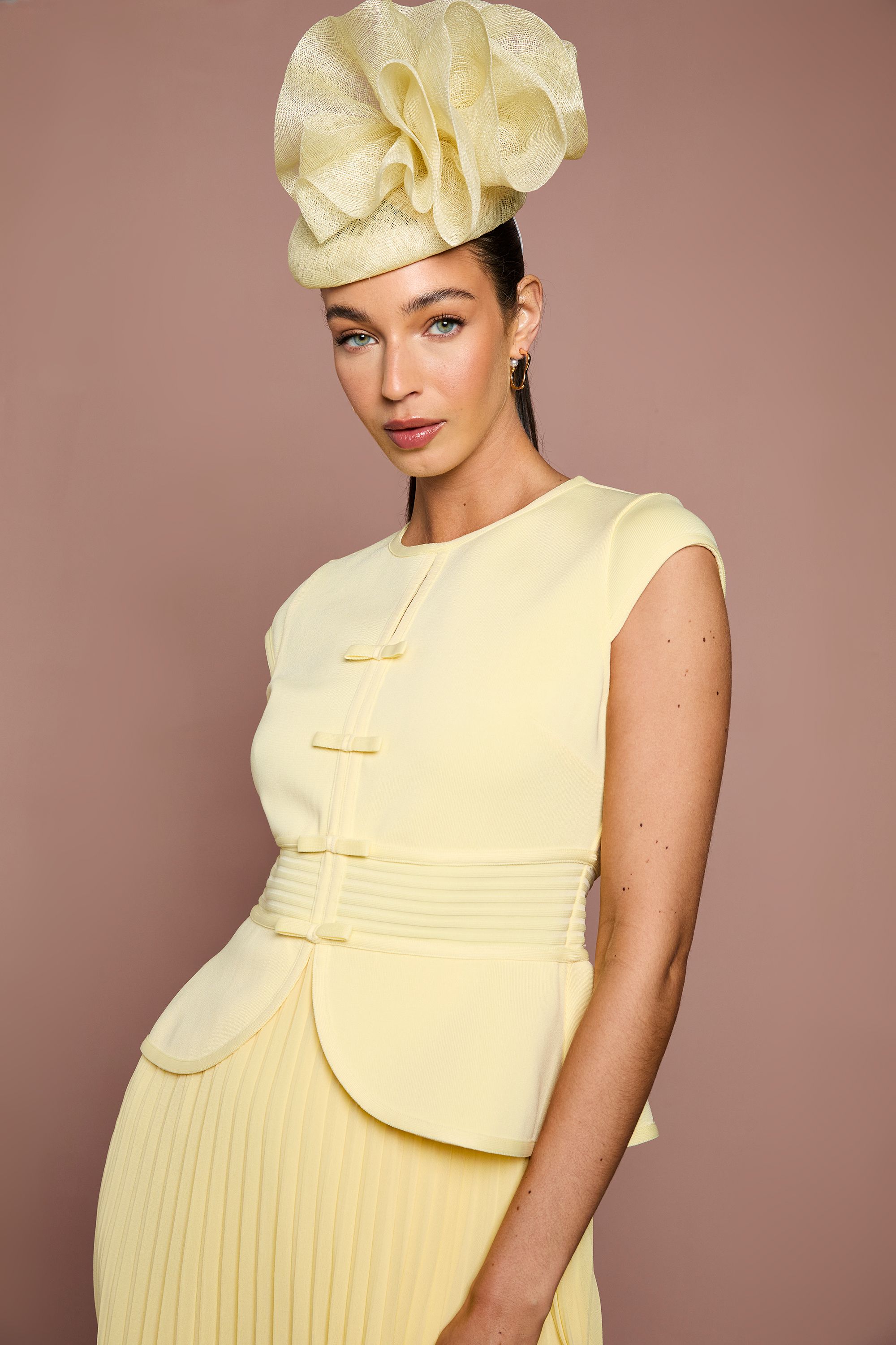 Coast Lisa Tan Bandage Bodice Pleat Skirt Bow Detail Midi Dress