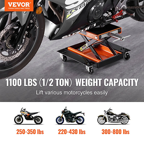 Cric moto à ciseaux 500 kg, ht. levage 12-39 cm, plate-forme 37x23 cm antidérapante.
