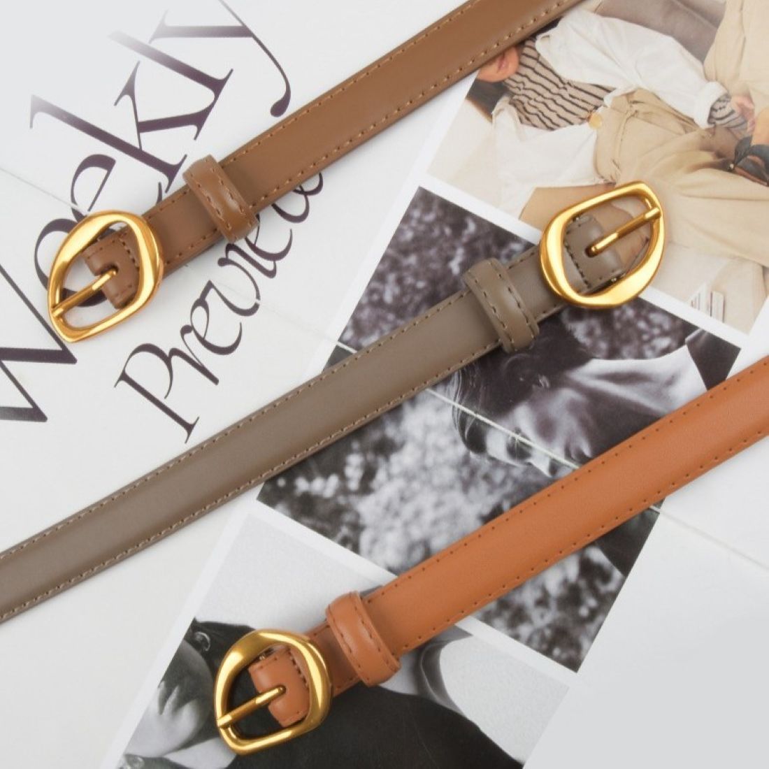 PEACH ACCESSORIES Thin Leather Belt with Gold Buckle