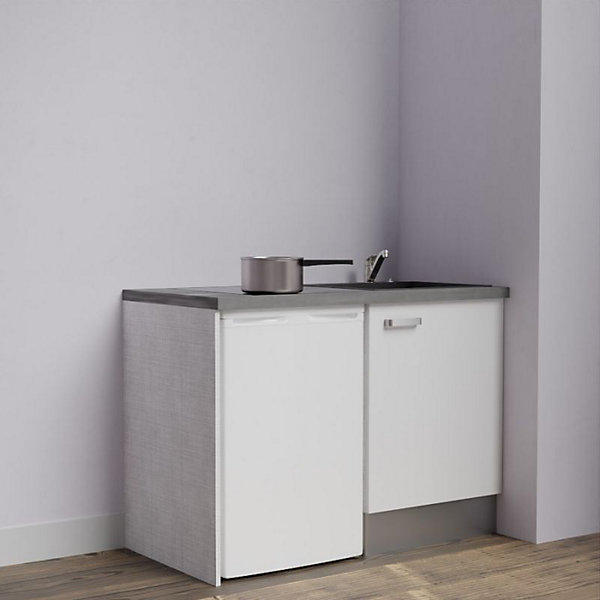 Kitchenette K08 - 120 cm - Façades : Blanc - Plan de travail : Gris béton - Crédences : Non - Evier Noir