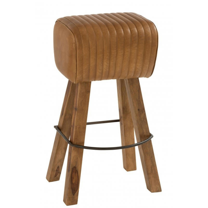 GYM - Tabouret cuir/bois de manguier camel/naturel