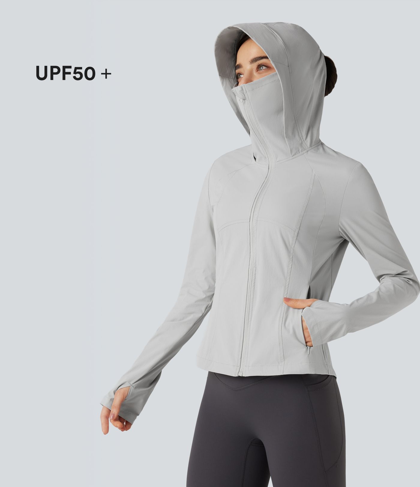 Veste de randonnée à capuche, manches longues, passants pouces et zip avec poches - UPF40