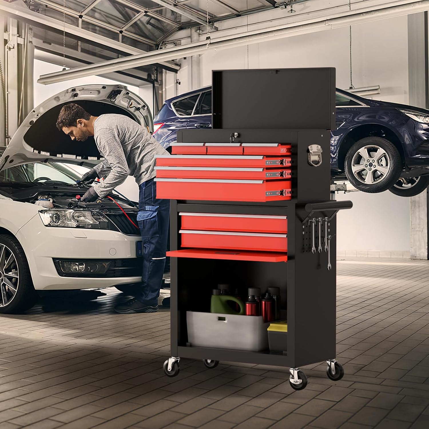 8-Drawer Rolling Tool Chest with Wheels, 2-in-1 Detachable Tool Box with Drawers and Large Cabinet, Rolling Tool Chest Storage Cabinet with Lockable for Warehouse, Garage, Workshop (BlackRed)