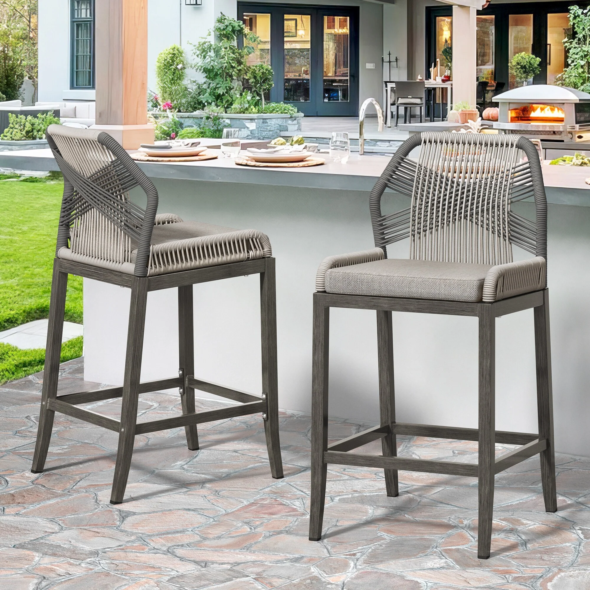2 Set Modern Aluminum Twill Woven Outdoor Bar Stool Chair Set, Counter Height Stool with Back and Cushion - 40.6H
