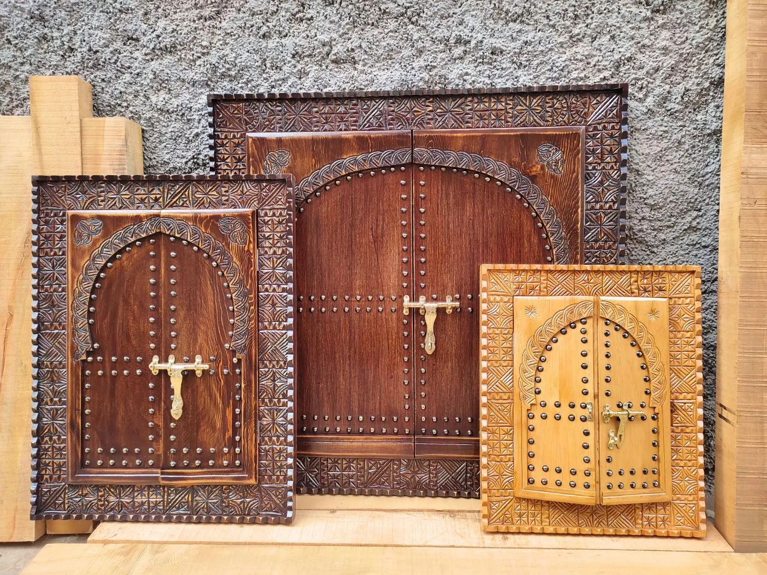 Custom Handcarved Moroccan Decorative Door, Fireplace Cover, Electrical Box Cover Like a Moroccan Door in Vintage Style with Brass Hardware.