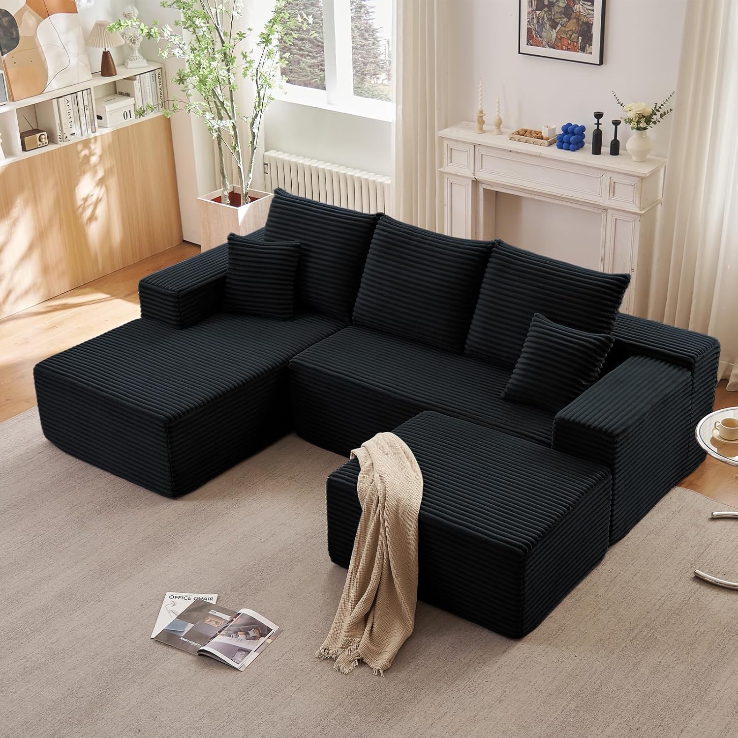 107 L-Shape Sofa with Ottoman, Modern Modular Sectional Comfy U-Shape Cloud Couch, Deep Seat, Upholstered Corduroy Sleeper Chaise Longue for Living Room Bedroom, No Assembly Required, Black