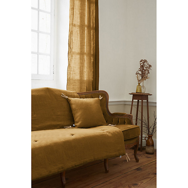 édredon 150 x 150 cm lin lavé caramel avec 4 nouettes en jute - LUISA