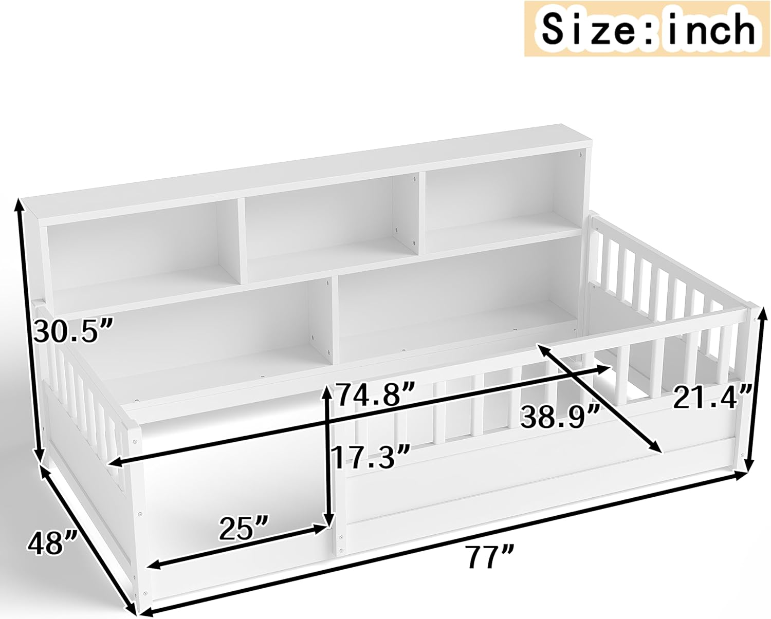 KEIKI Montessori Floor Bed Twin Size, Pine Wood Platform Bed Frame with Fence and Guardrail, Kids Bed with Side Storage Racks, Twin Floor Bed for Children, White