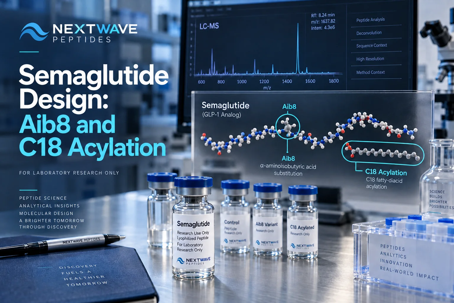 Semaglutide research vials beside a molecular diagram highlighting the Aib8 substitution and C18 fatty-diacid acylation.