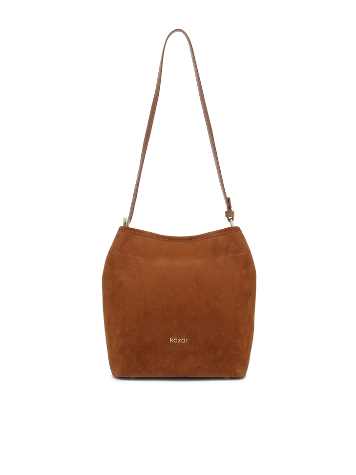 Light brown suede hobo handbag with adjustable handle