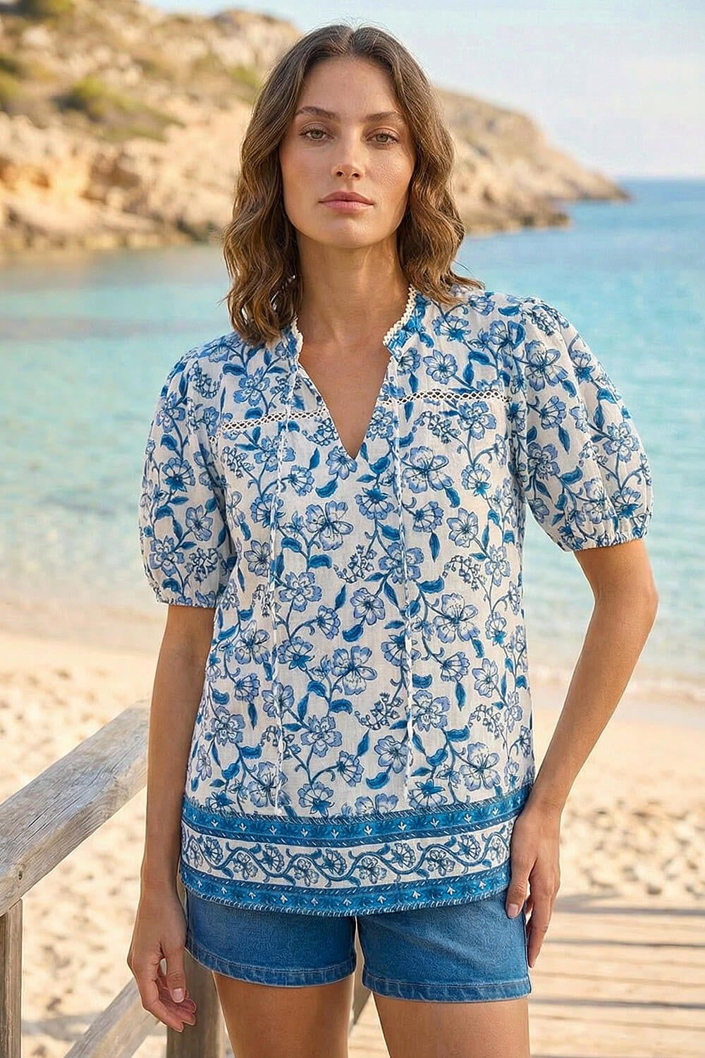 Roman Petite Floral Border V-Neck Top