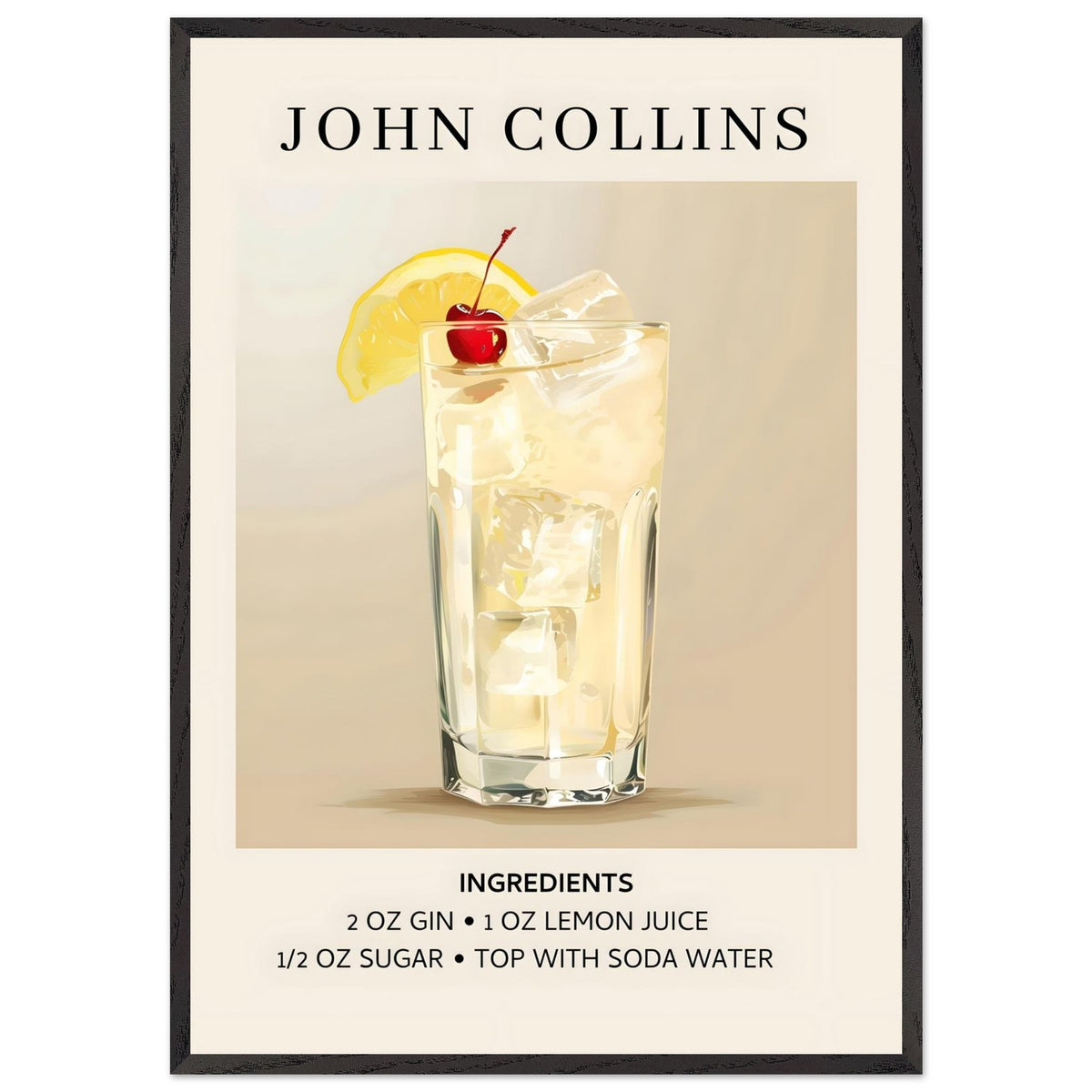 Artfulprints Poster met Lijst John Collins cocktail - Ingrediënten  - 70x100 cm - Taupe