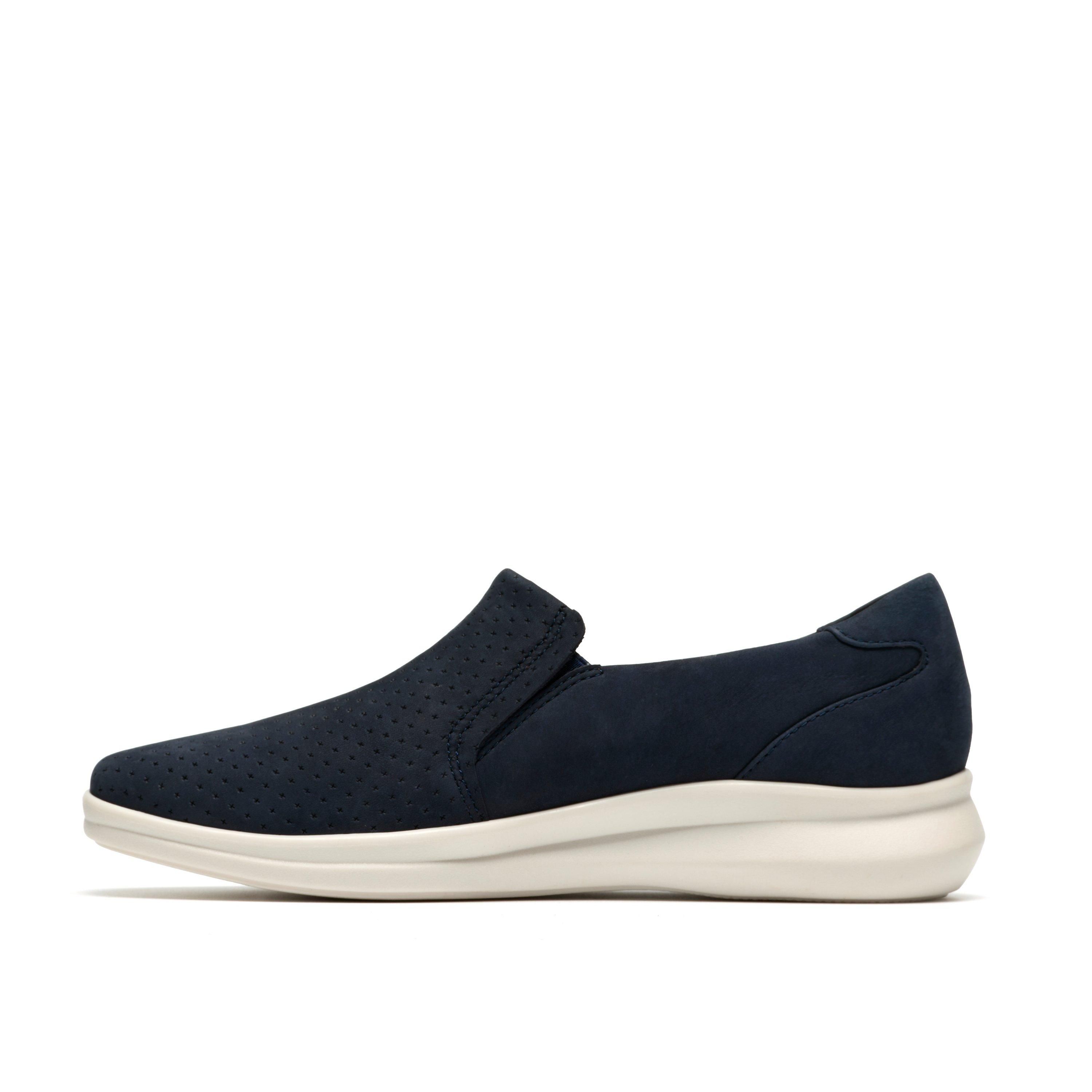 Clarks Lynell Sky Navy Nubuck Slip Ons