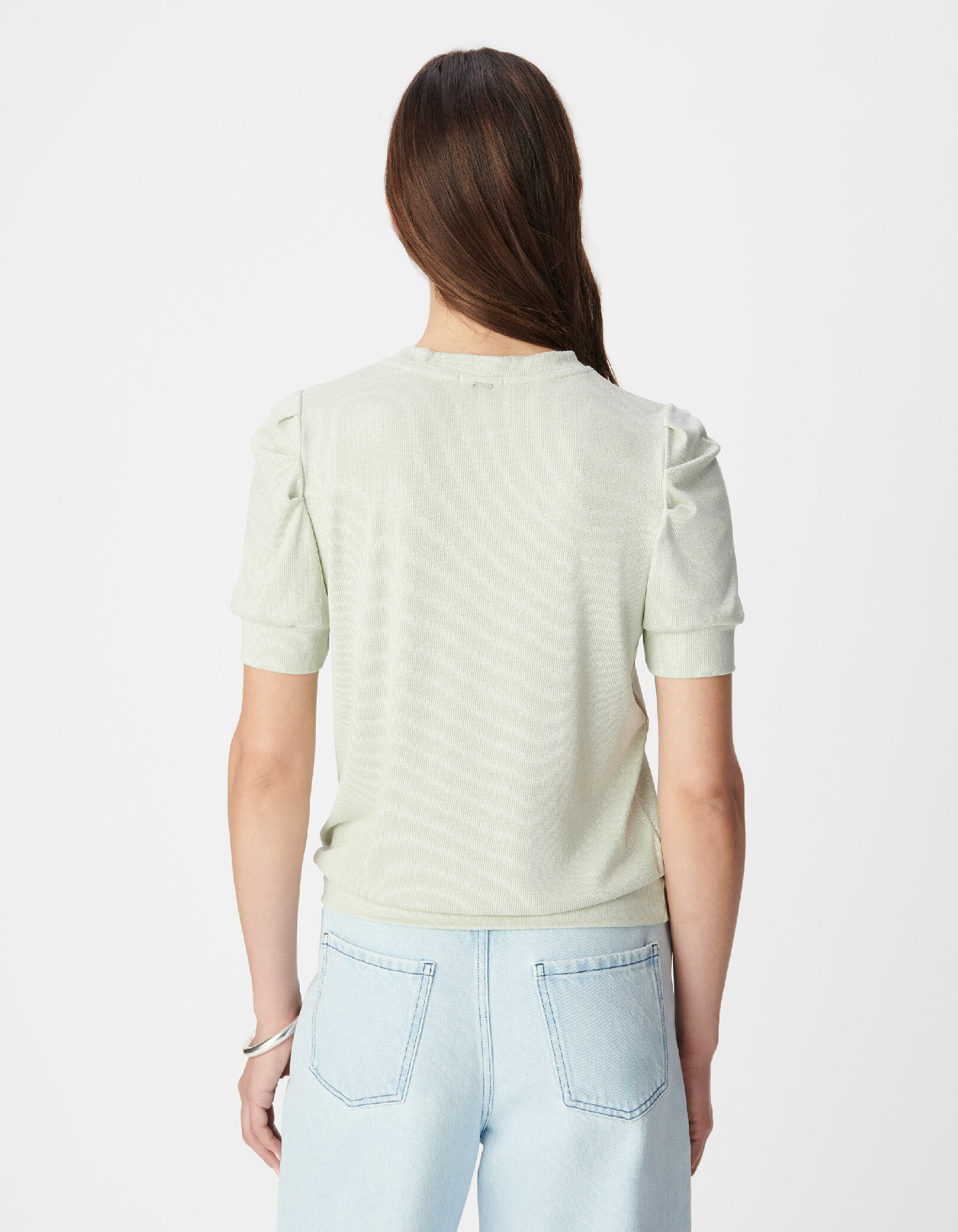 Tee-shirt col rond vert pailleté manches froncées Femme