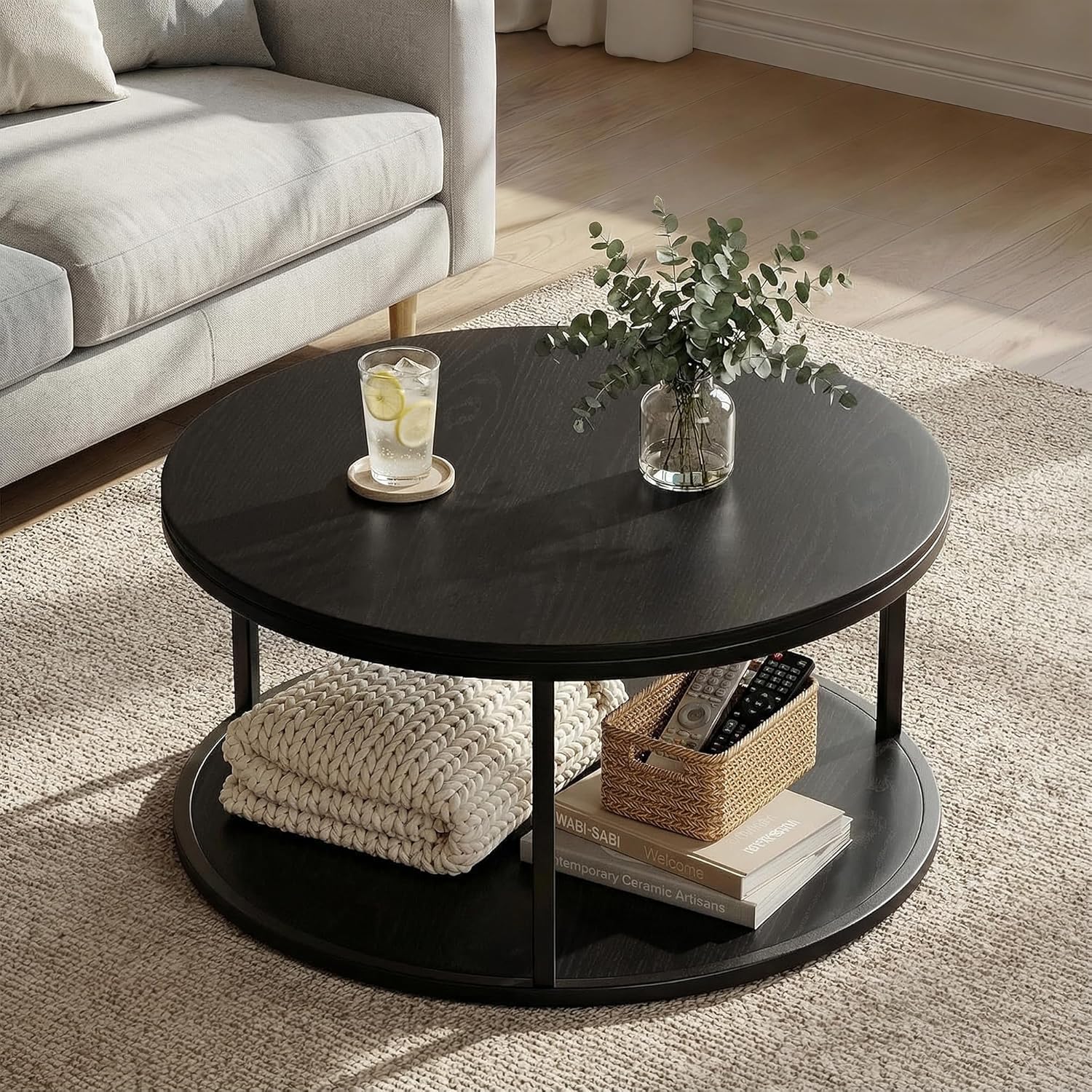 YESHOMY 36 Round Coffee Table, 2-Tier Wood Center Table with Storage Shelf, Heavy-Duty Metal Frame, Easy Assembly, Ideal for Living Room & Small Spaces, Black