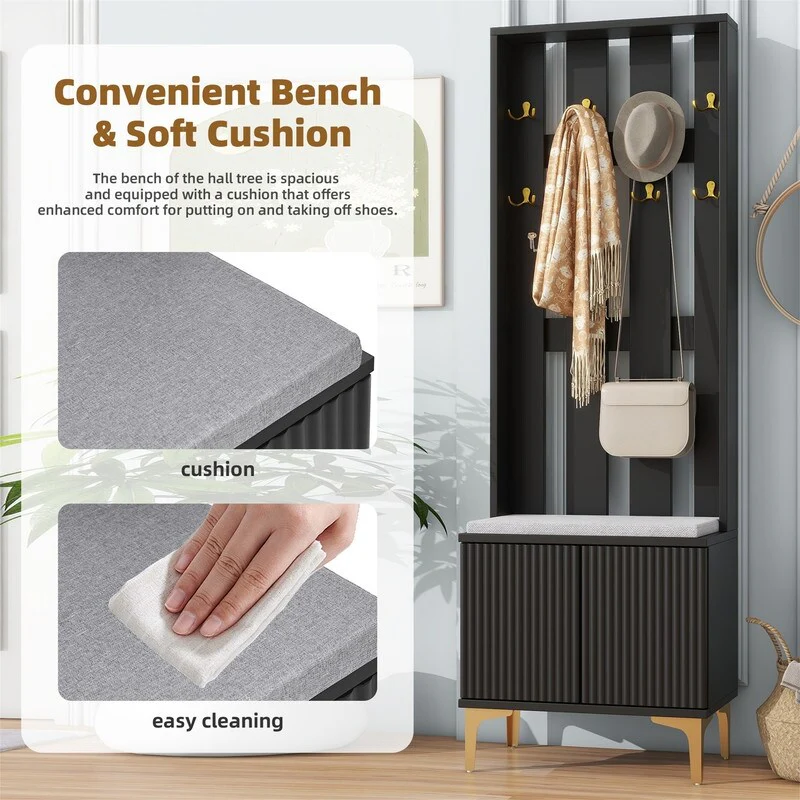 Luxury 4-in-1 Hall Tree with Shoe Bench and Cushion, Versatile Coat Rack with 8 Gold Hooks, Entryway Bench w/ Adjustable Shelves