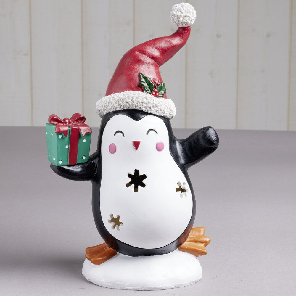 Pingouin solaire polyrésine No&euml;l 1 LED blanc chaud H30cm