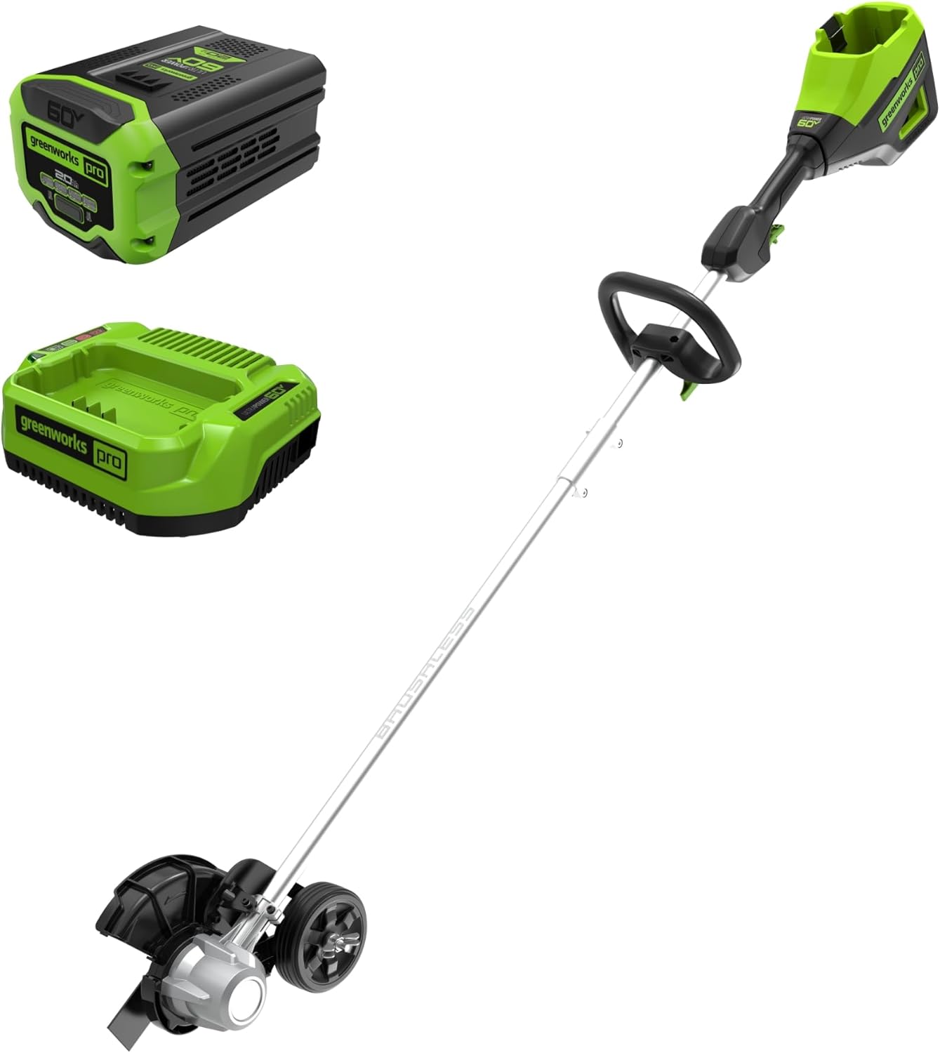 Greenworks 60V 8 Brushless Cordless Edger with 2.0Ah Battery & Charger – Tool-Free Depth Adjustment  Lightweight Lawn Edging Tool  4-Year Warranty
