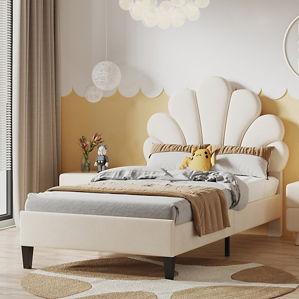 Lit simple capitonnés 90 x 200 cm, tête de lit en forme de fleur, sommier à lattes, velours, Beige