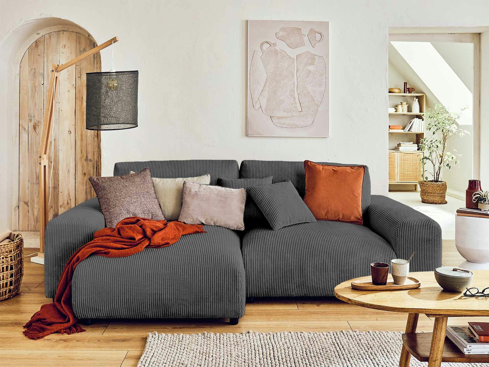 GARANCE - Canapé d'angle réversible 4 places en velours côtelé gris foncé