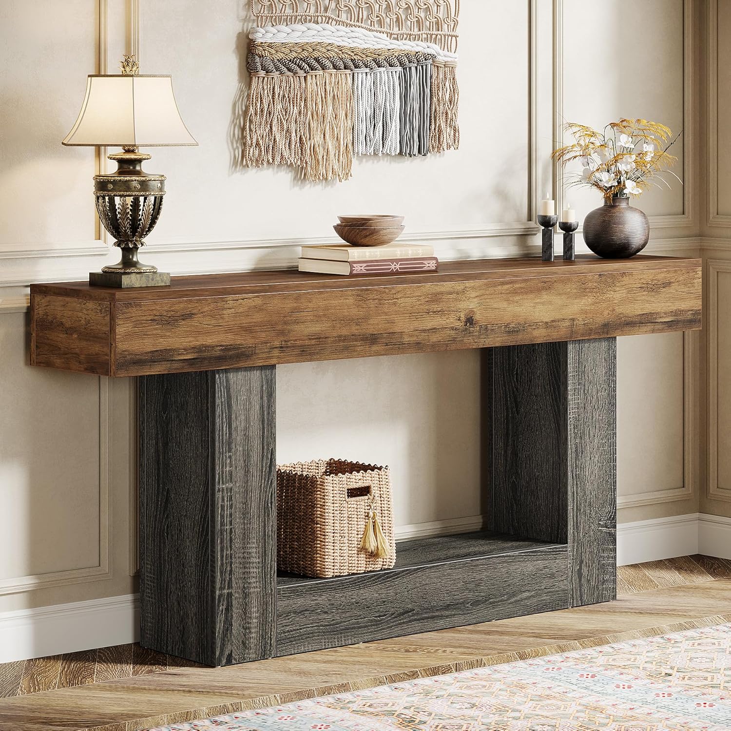 Tribesigns 63 Console Table, Farmhouse 2-Tier Entryway Table with U-Shaped Base, Narrow Long Wood Sofa Table Behind Couch Table for Living Room, Hallway, Foyer, Vintage Brown & Gray | Farmhouse, Entryway Table, Narrow, Long, Sofa Table, Behind Couch