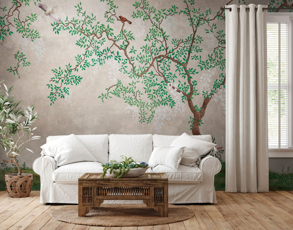 One Wall one Role fotobehang vogel groen, bruin, beige, grijs en wit - 371 x 280 cm - AS-382331