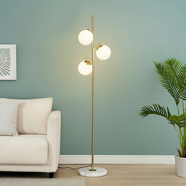 Lampadaire doré 3 globes blanc - Estrela