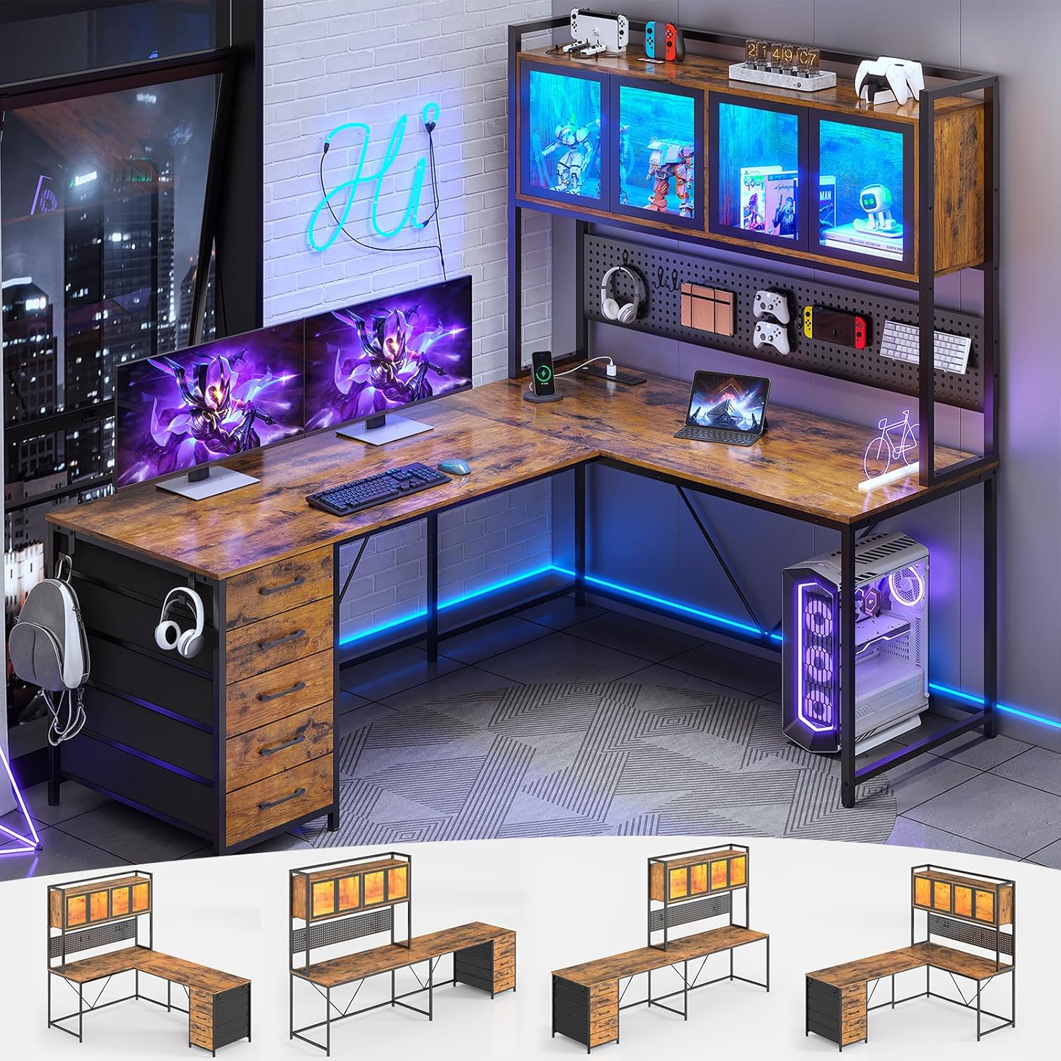 SEDETA L Shaped Gaming Desk with Drawers, L Shaped Computer Desk with Hutch and Storage Shelves, Gaming Desk with Pegboard, Led Lights, and Power Outlet, Home Office Desk, Corner Desk, Rustic Brown