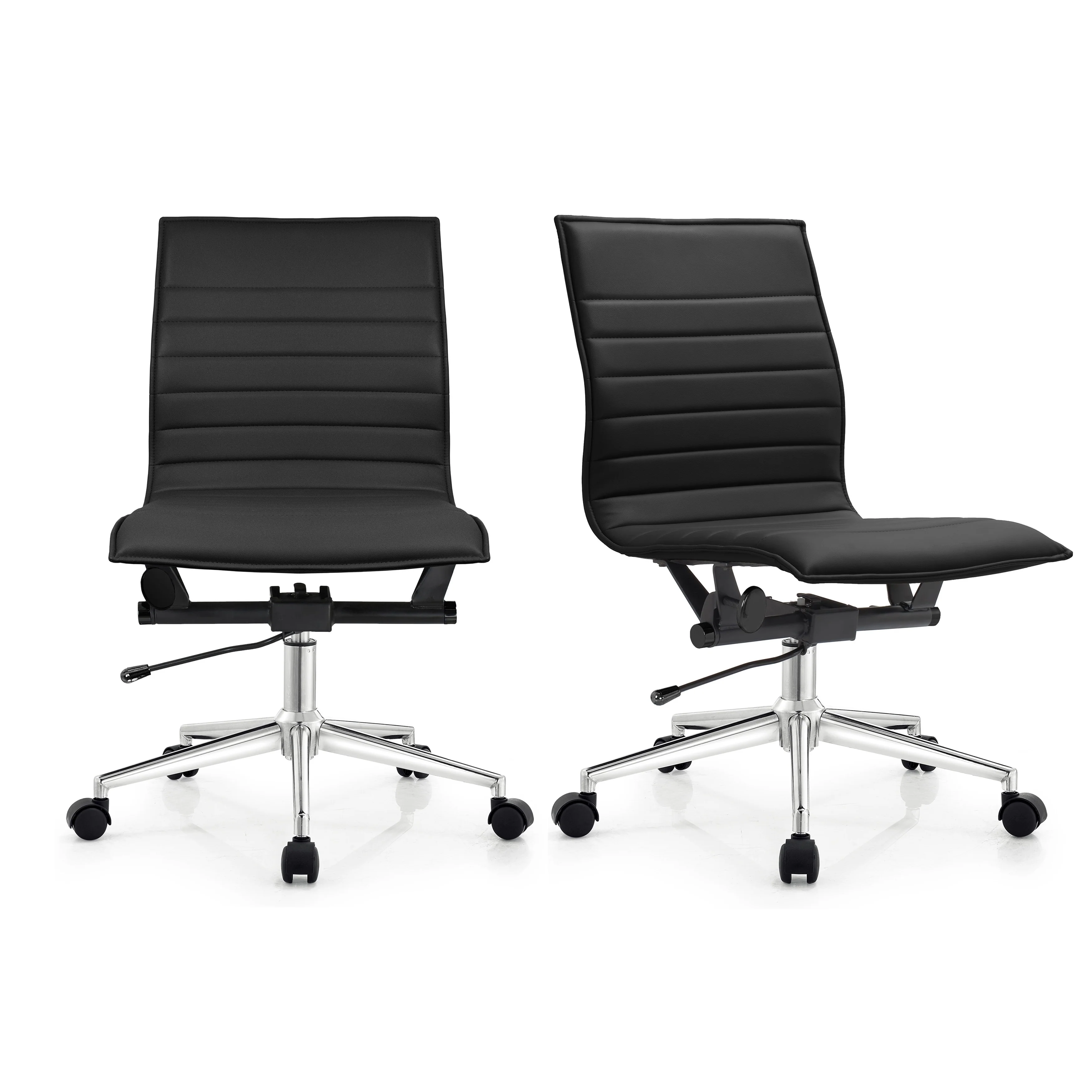 Set of 2 Modern Office Chairs, Upholstered PU Leather Ribbed Armless Mid Back with Metal Frame, Adjustable Height, Tilt